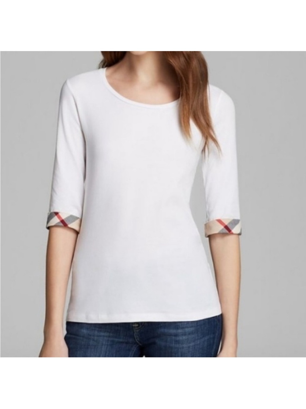 Burberry White 3/4 Sleeve Check Cuff Scoop Neck Tee
